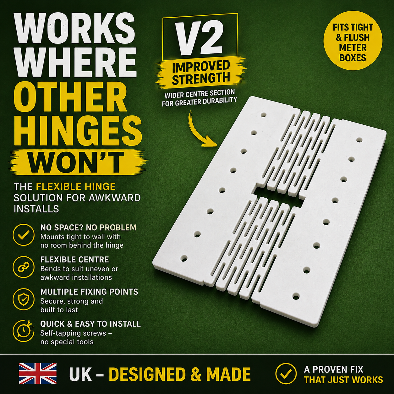 MeterBoxFix universal repair hinge with screws